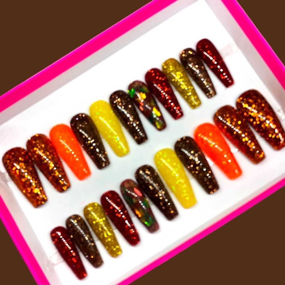 Handmade Custom Press on Nails Long Coffin UV Gel Glitter Metallic Fall Leaves - Picture 7 of 10